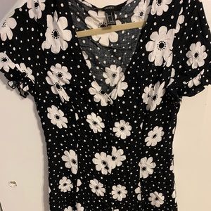Black and White Flower Button Up Skater Dress